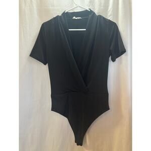 Olive Tree Black Wrap-Style Bodysuit Top – Size Medium